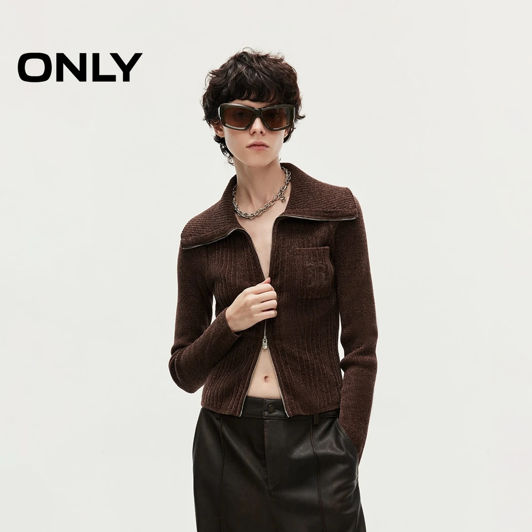 ONLY秋季百搭翻领刺绣螺纹开衫针织衫女老钱风松弛感|125113044