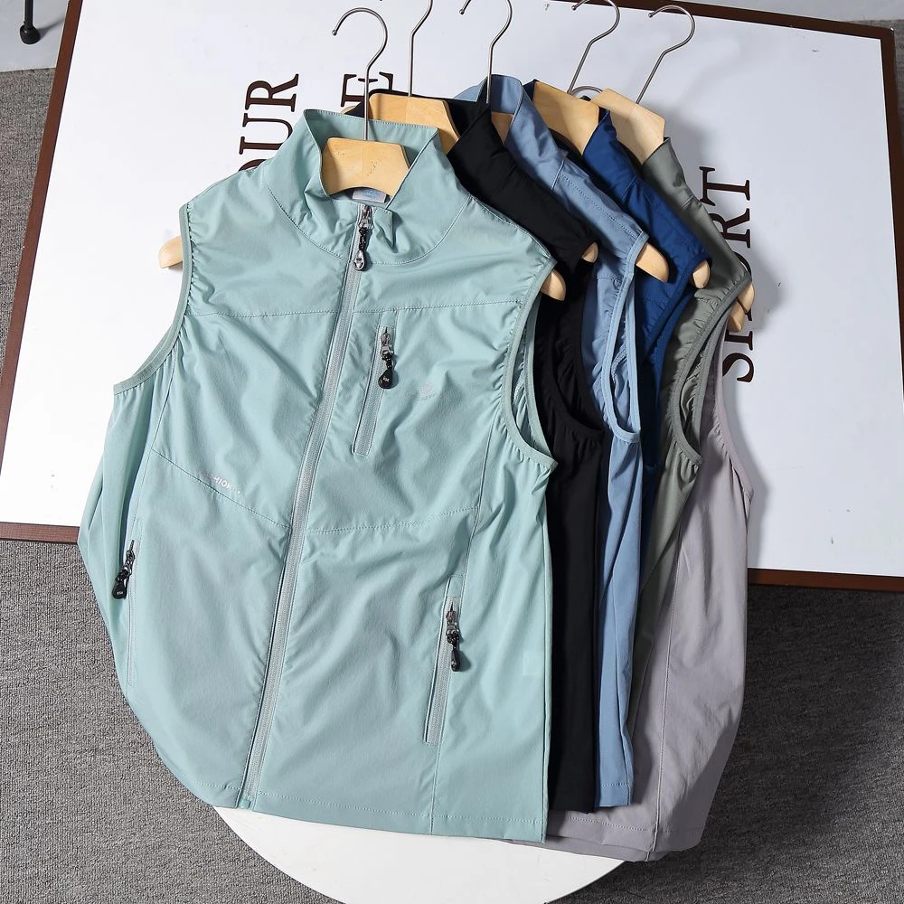 外贸韩国夏季户外运动速干马甲弹力透气排汗立领背心外套旅游男款