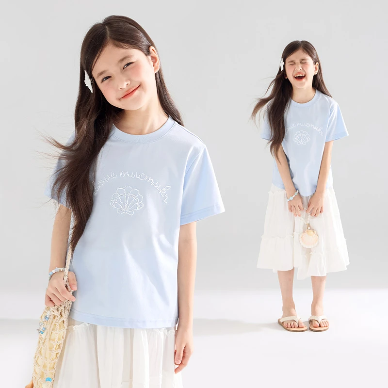 MUCMUKN木可童装莱赛尔棉贝壳串珠绣花T恤短袖女童夏新M52XT3955