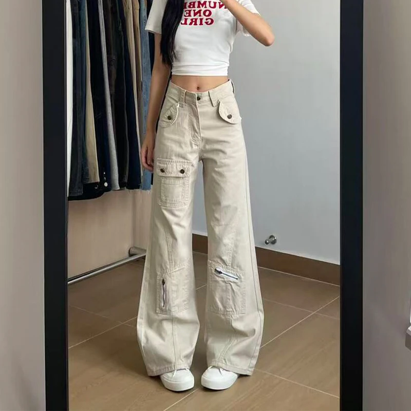 美式多口袋工装微喇牛仔裤女秋季新款高个子宽松显瘦拖地阔腿长裤