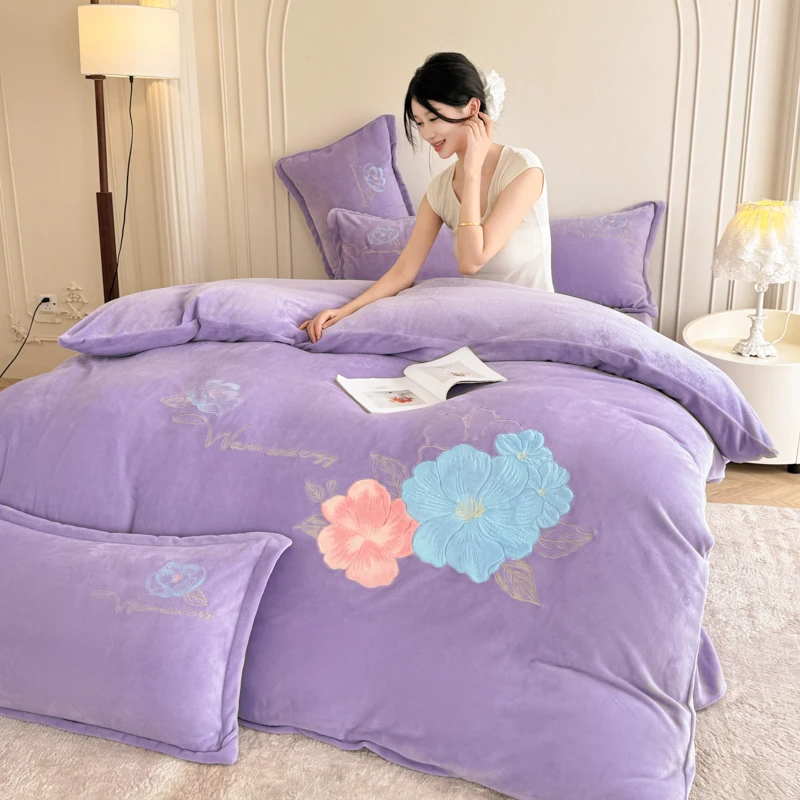 亏米福利款加厚加绒大版花卉牛奶绒刺绣花四件套床上用品双面绒