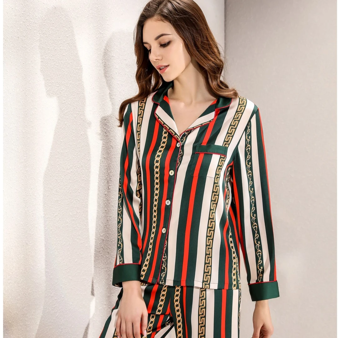 女重磅真丝条纹长袖长裤上下套D-5059