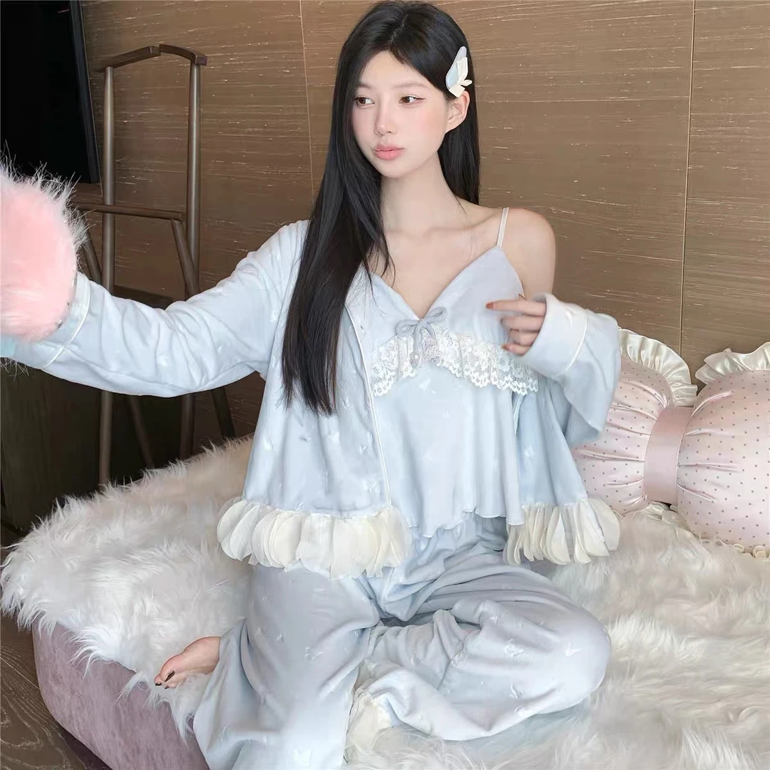 蝴蝶海岛绒睡衣女冬季新款纯欲简约气质舒适厚款长袖时尚套装