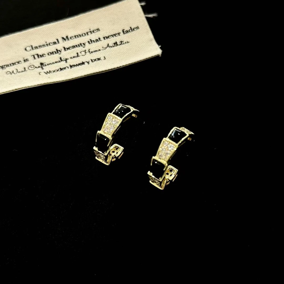 铜合金合成锆石耳饰 秋冬高奢款黑色蛇纹小c圈耳环569