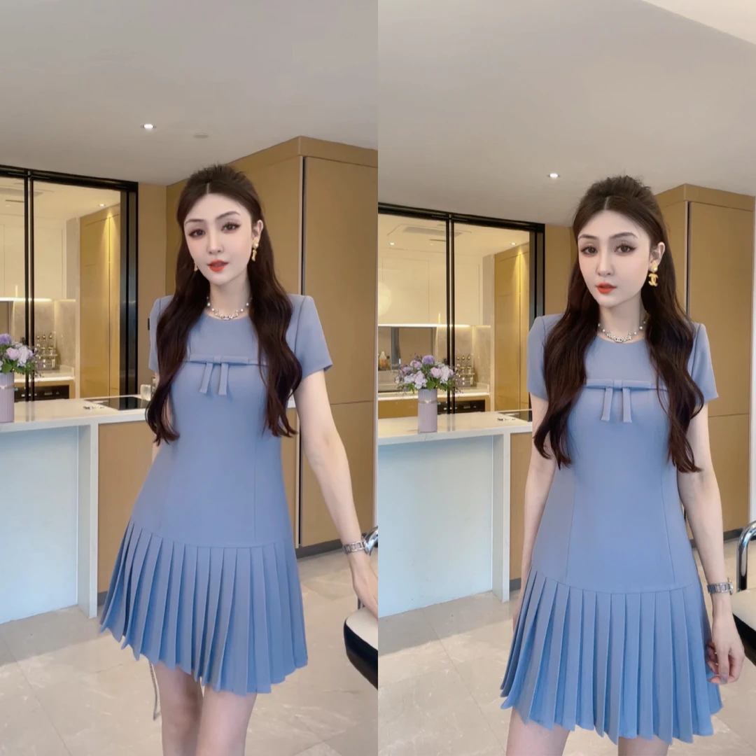 M9A86083   新款法式短袖时尚气质高腰修身显瘦百褶中长款连衣裙