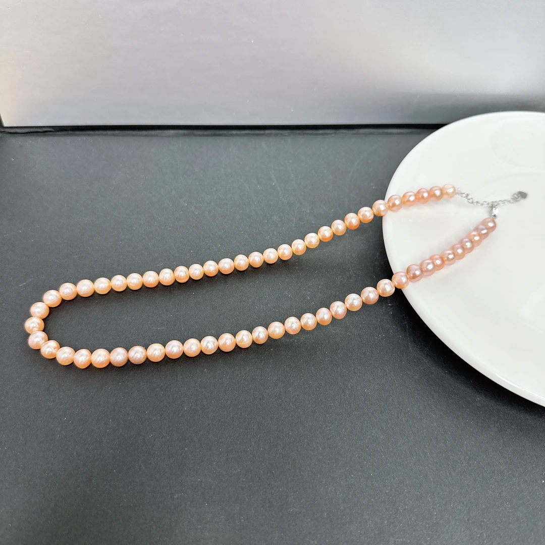 天然淡水珍珠A01#近圆粉色无核百搭项链S925银扣6-7m
