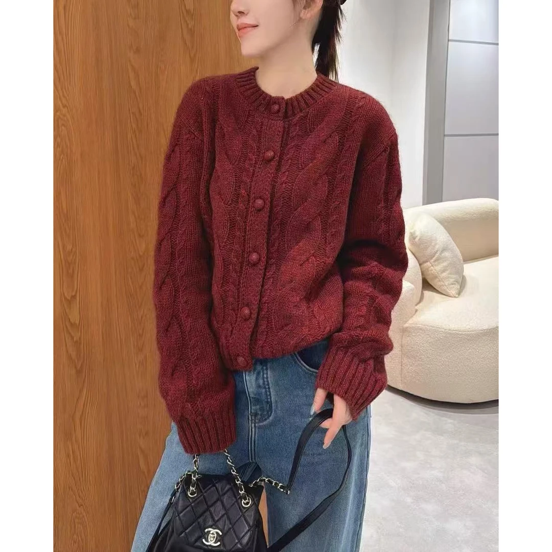 /麻花热红酒开衫/圆领麻花编织针织开衫外套 衣长54 胸围52 93775