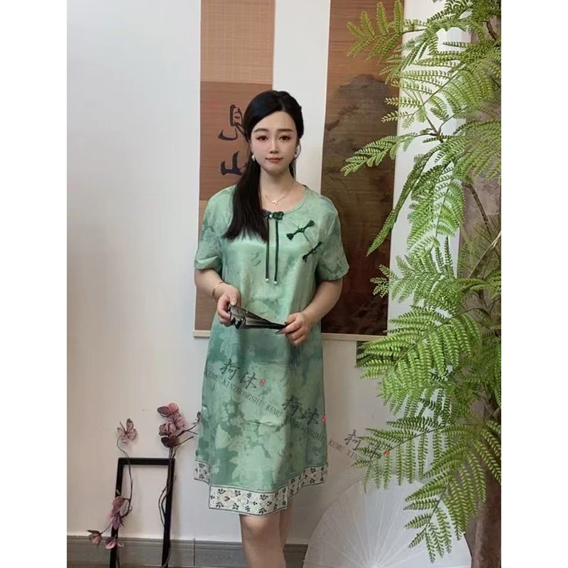 【绿涟】新中式斜襟旗袍短袖圆领旗袍休闲宽松裙子复古时尚百搭气质