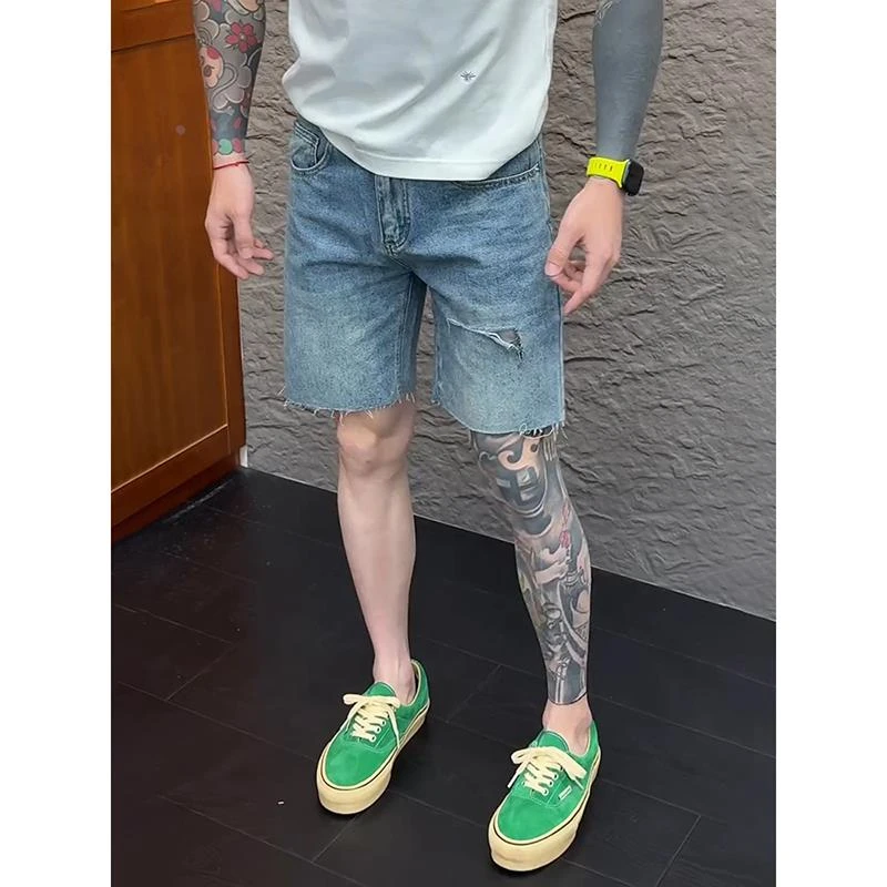 夏季毛边破洞牛仔短裤男薄款美式复古vibe裤子潮牌不过膝四五分裤