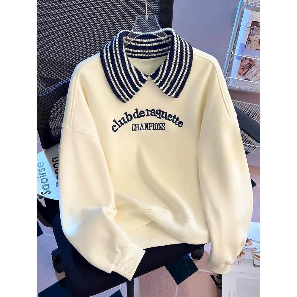 法芬图杏色polo领加绒卫衣外套女2025新款秋冬独特超好看单穿上衣