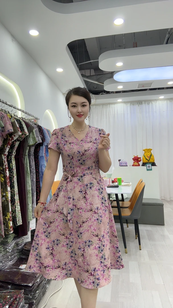 夏季时尚印花短袖气质修身中长款妈妈装连衣裙2501#