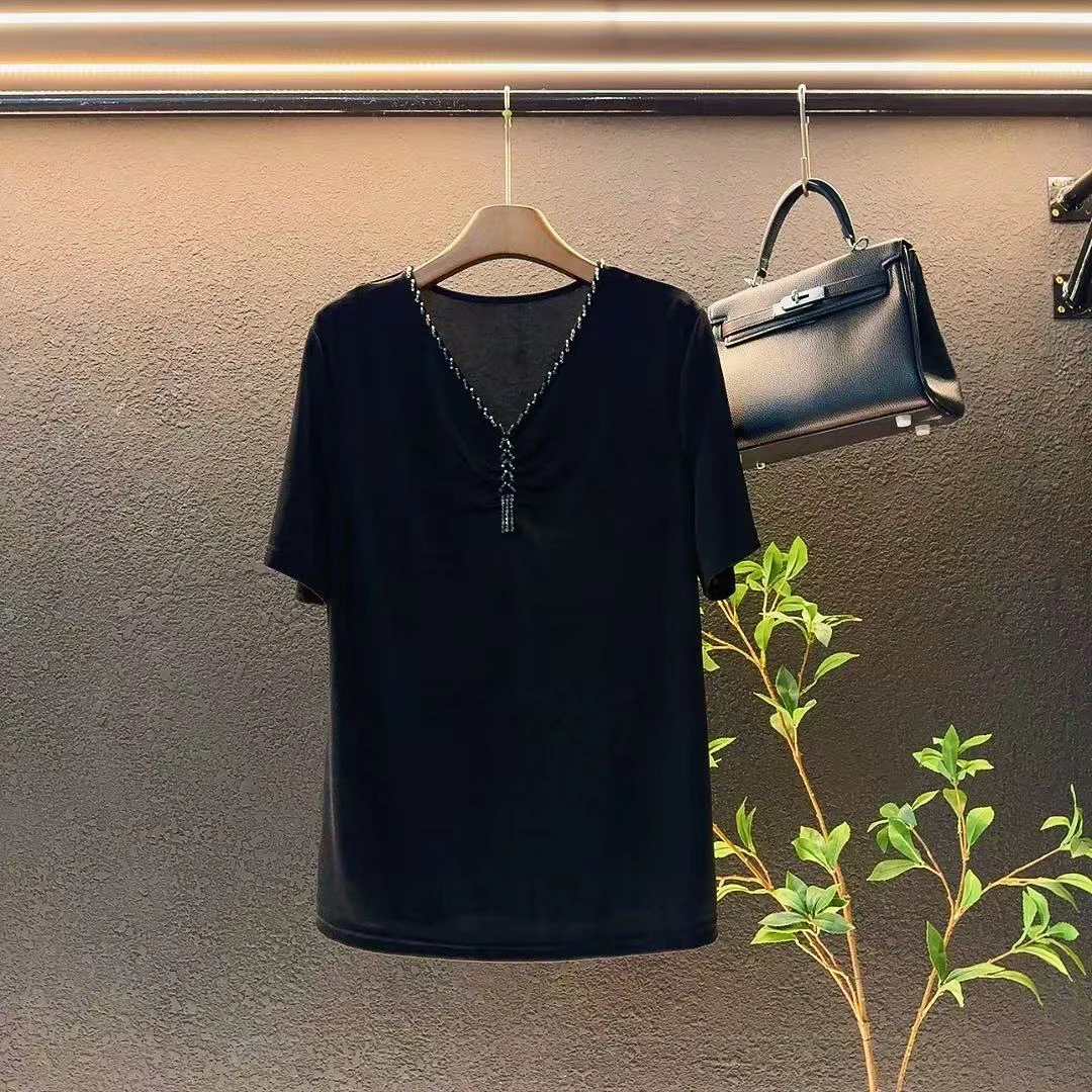 新款显瘦v领洋气重工2025百搭时尚气质短袖上衣/3351