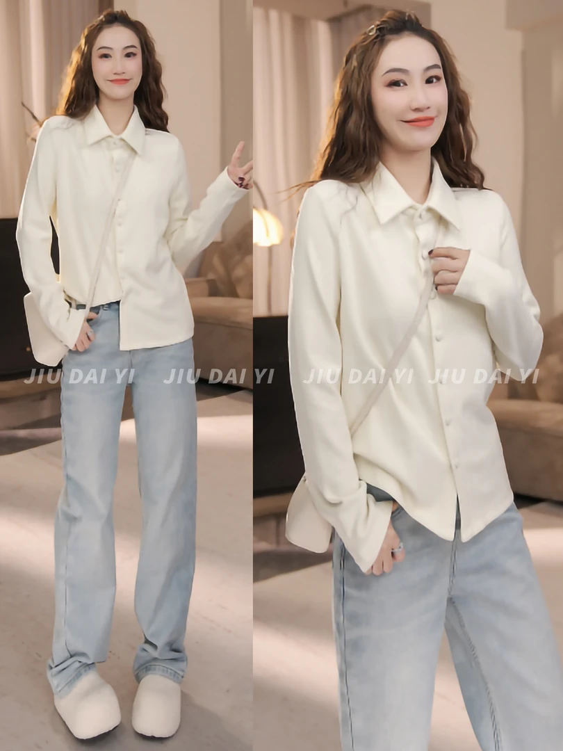 玖黛衣【暖意】冬季韩版翻领纯色加绒百搭衬衫CYP47269