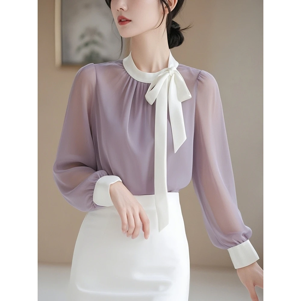 初秋今年流行紫色气质长袖蝴蝶结衬衫法式雪纺上衣女别致漂亮小衫