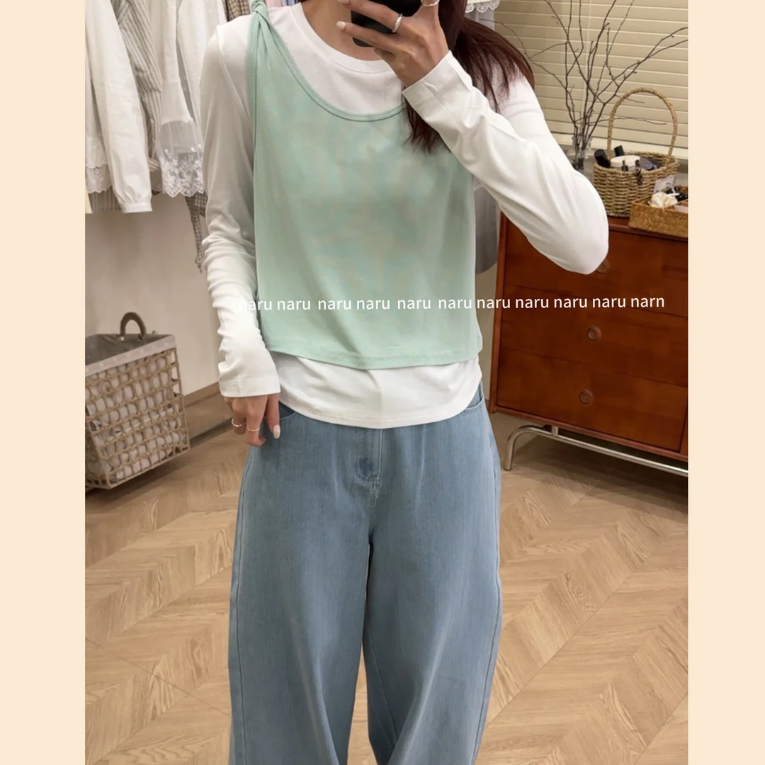 【木白】“糖果” 新款春秋韩版长袖小众背心百搭针织打底两件套