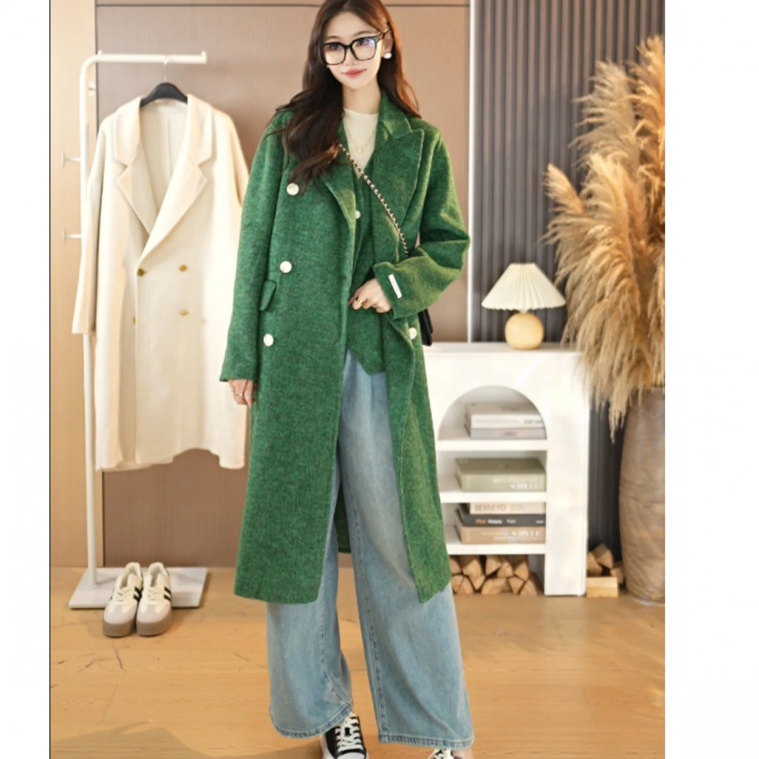长款名媛马甲两件套双面大衣8088气质时尚百搭绿色毛呢中长款秋冬