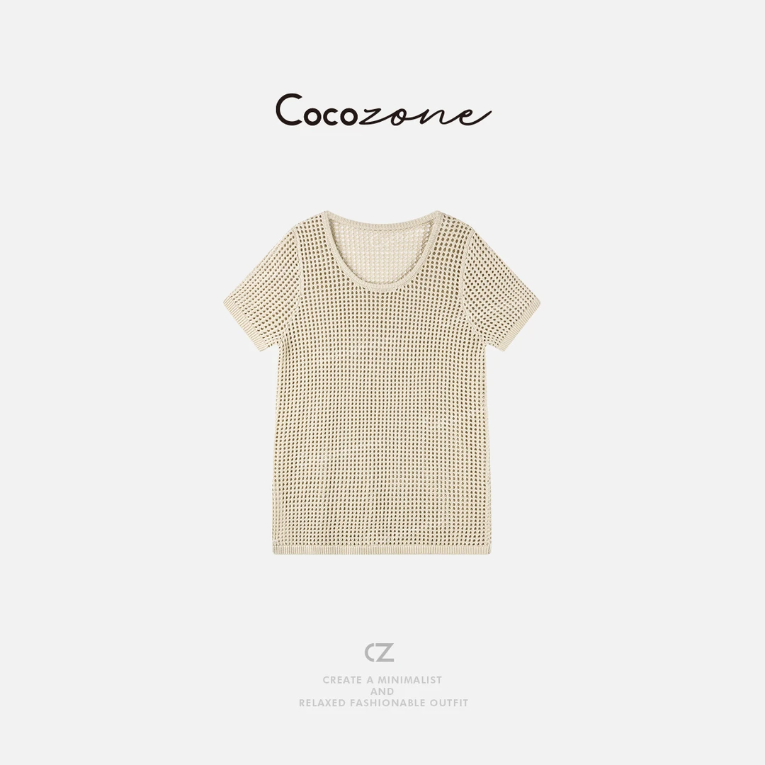 COCO ZONE 刘一一【亚麻混纺】薄款镂空圆领毛针织衫CD1A0705