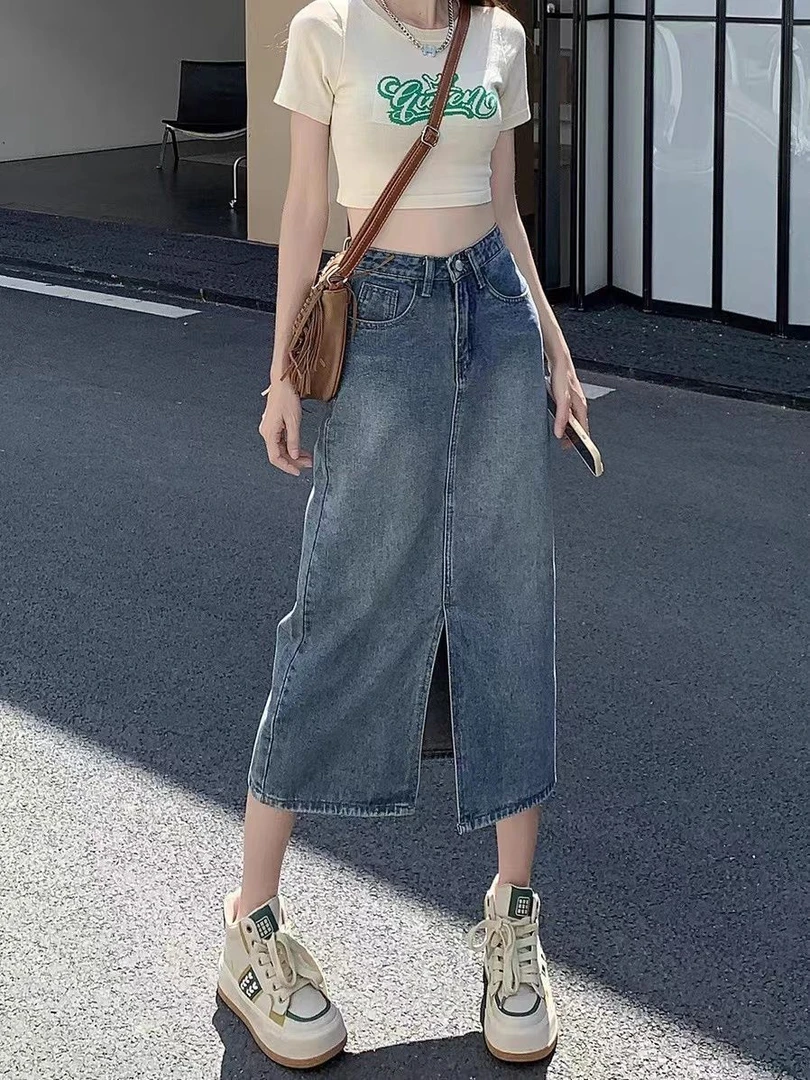 【沐子女装】A4-A01牛仔开叉裙