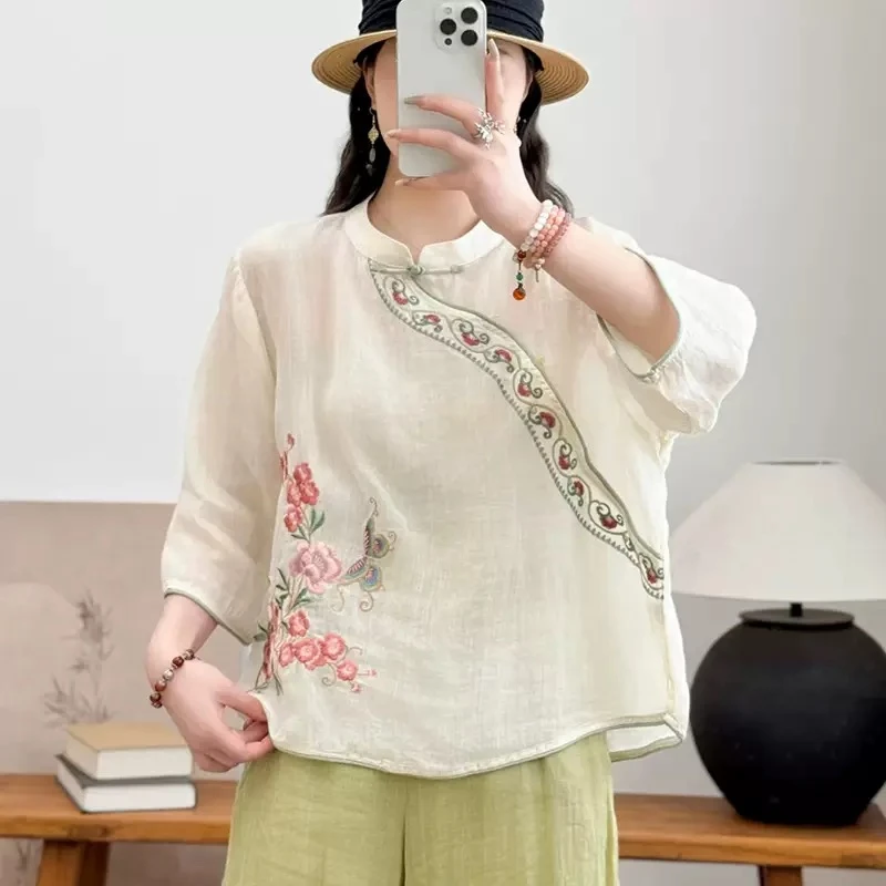 复古盘扣苎麻内里包边刺绣衬衫女文艺大码显瘦国风上衣X250703D5
