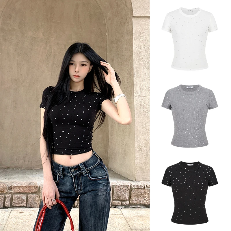 星星印花圆领正肩短款上衣辣妹掐腰短袖T恤