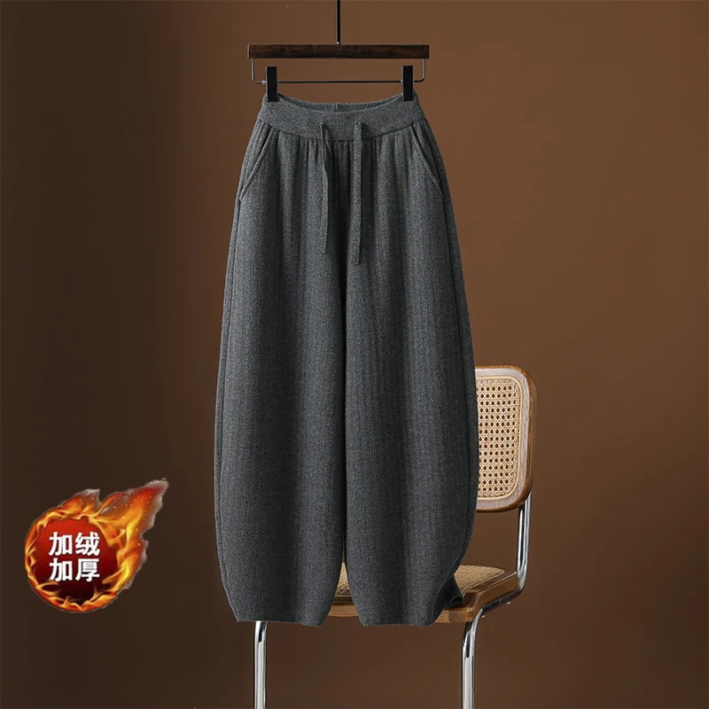 高端加绒羊毛弯刀阔腿裤女秋冬加厚宽松镰刀气球裤冬季保暖香蕉裤