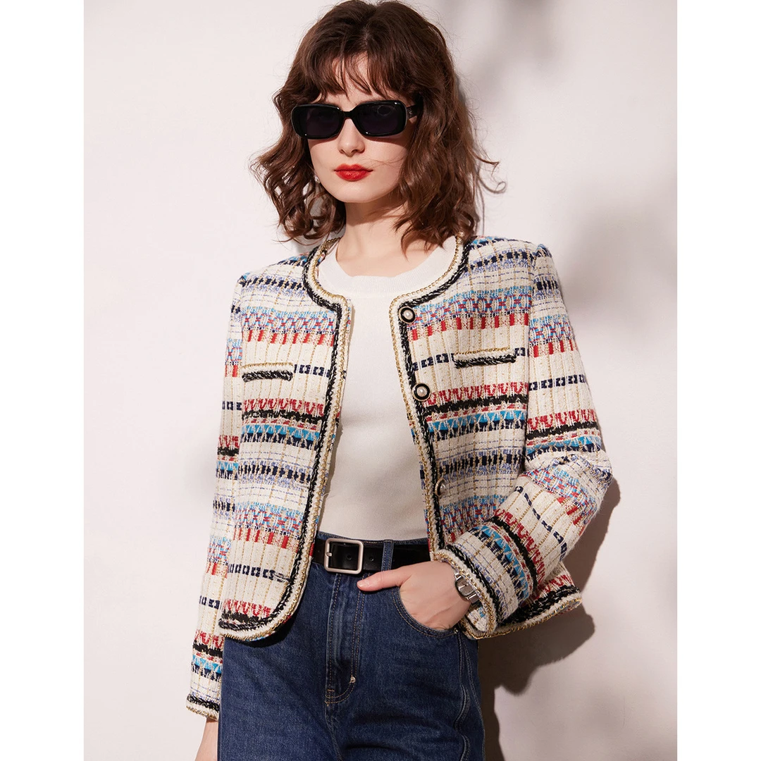 白鹿语春新款法式名媛风织带装饰粗织撞色条纹外套上衣女WBY10038