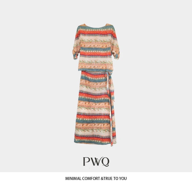 连衣裙长裙一字领条纹印花插肩绑带式气质E-25415XQ1