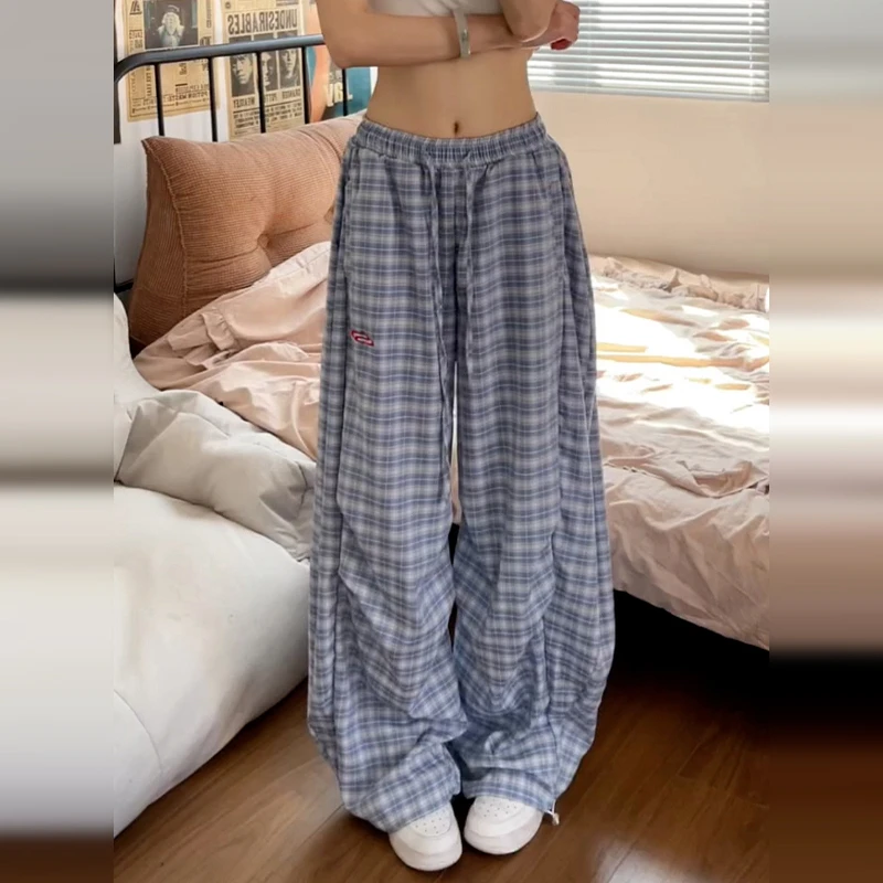 美式复古蓝色弯刀格子裤女春夏宽松慵懒风垂坠感阔腿休闲裤子1284