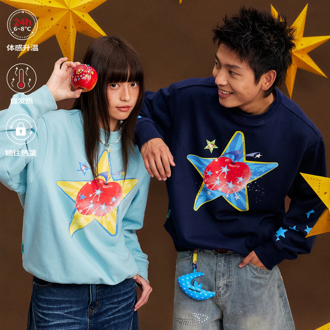 江南先生NewJNXS恒温暖皮双层绒感宽松圆领苹果星星印花情侣卫衣