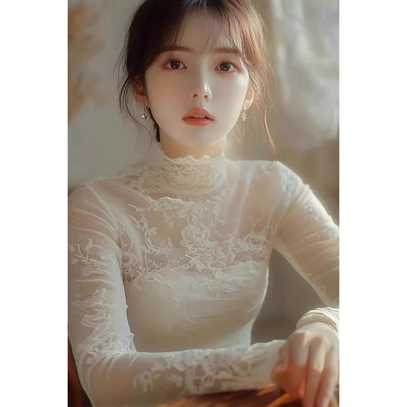 加厚小衫洋气秋冬高端精致加绒蕾丝打底衫女春季新款气质绝白色