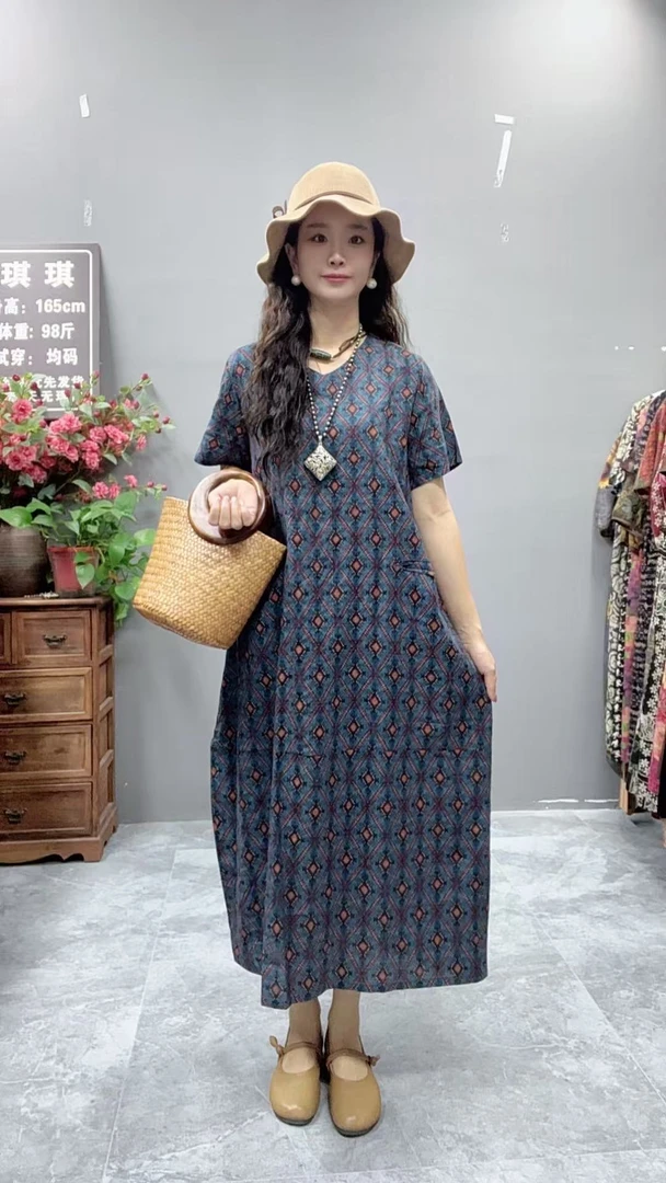 5240夏季新款显瘦气质时尚女百搭休闲文艺复古印花洋气宽松连衣裙