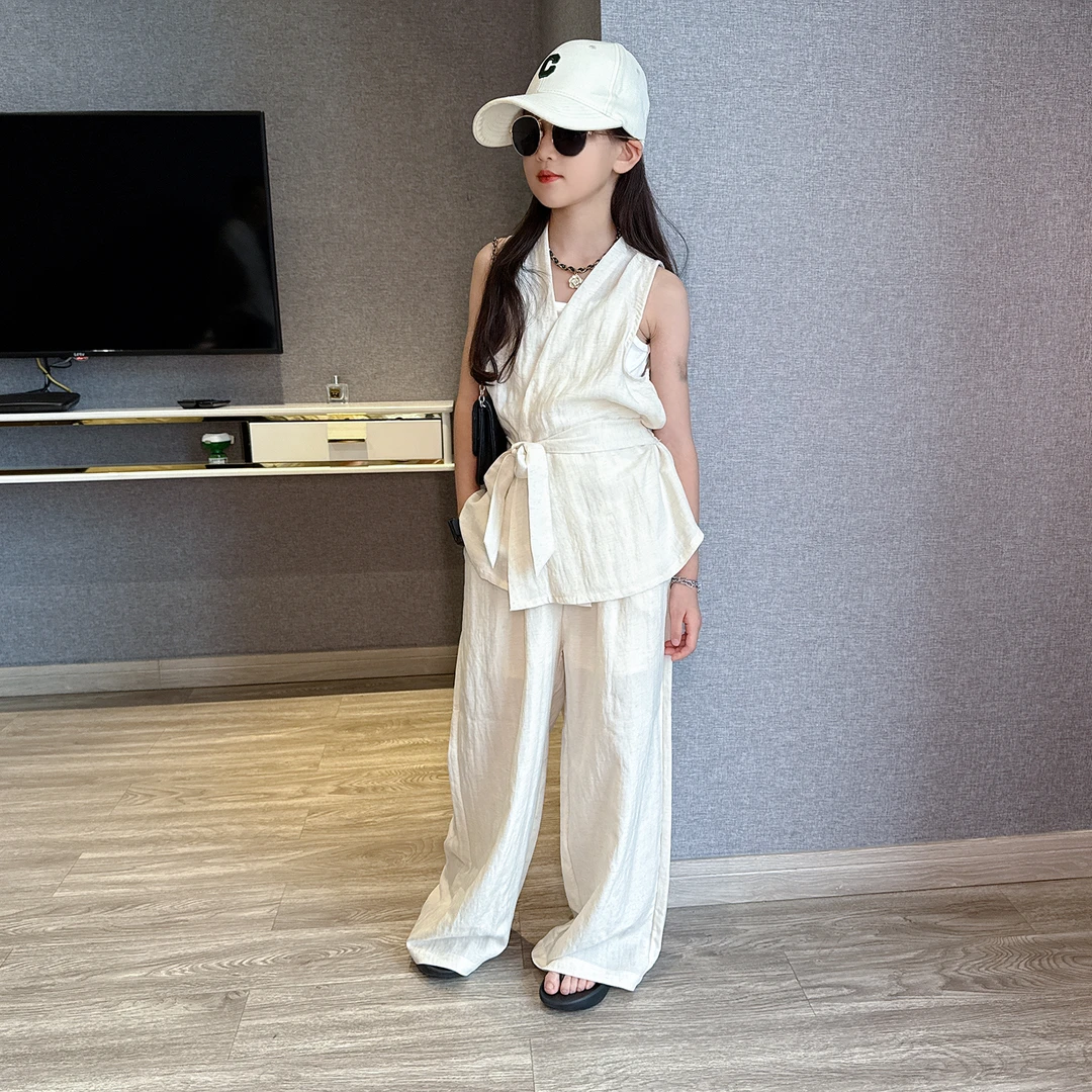 女童夏季套装2025新款女孩大童韩系穿搭儿童无袖上衣阔腿裤两件套