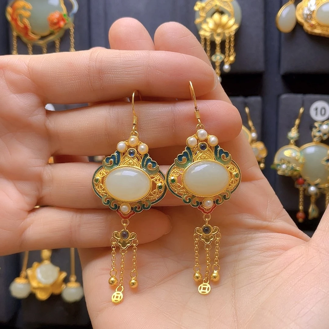 和田玉银S925镀金镶嵌耳饰