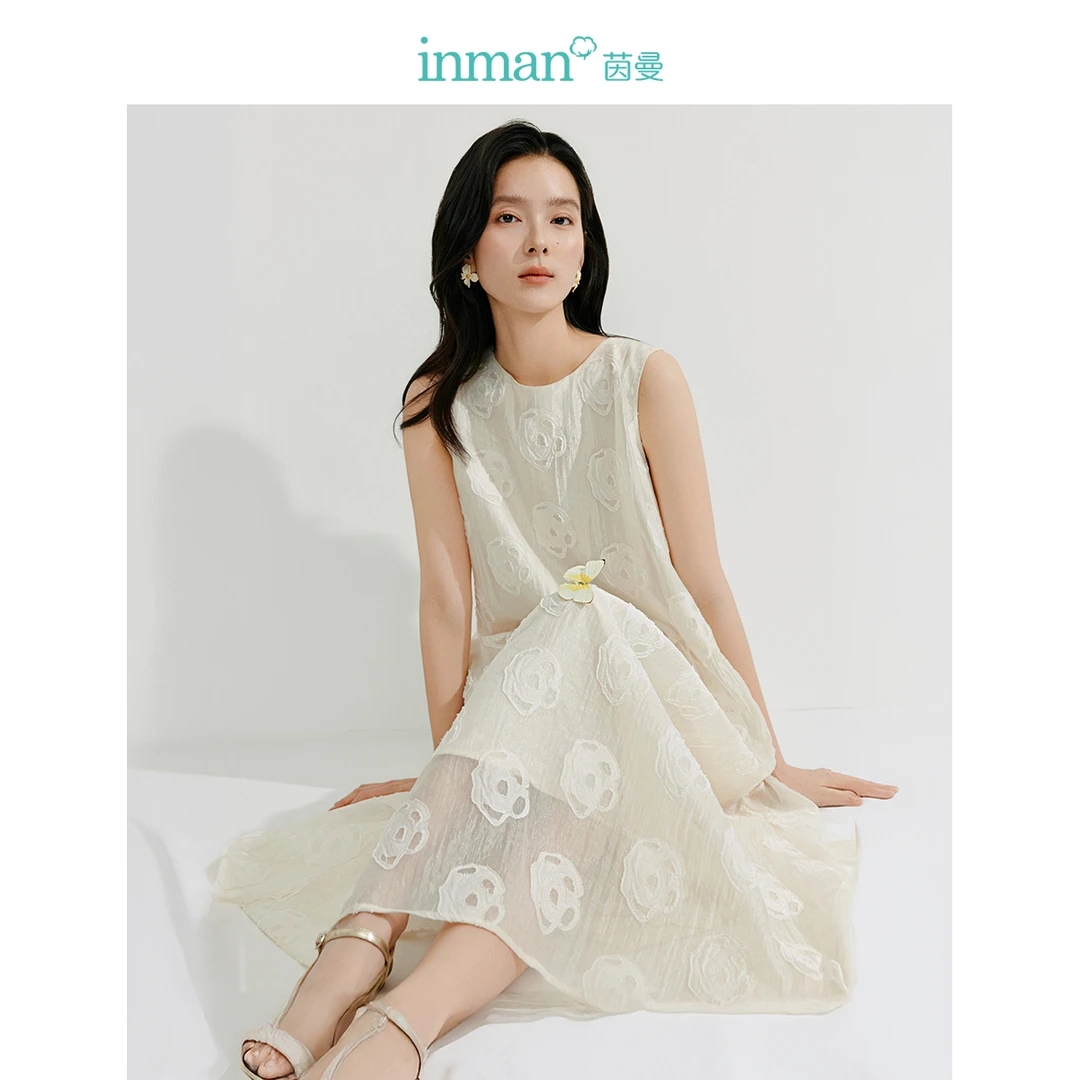 【欧若风穿搭】茵曼法式浮雕提花连衣裙2025夏季女装新款无袖a字裙