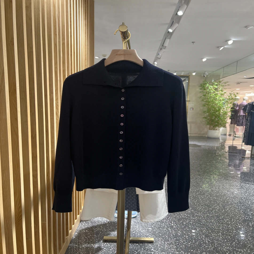 声雨竹7R731秋冬新品蓝色翻领针织毛衣