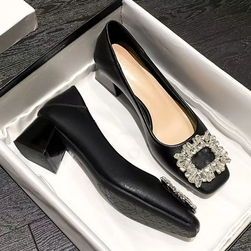 新百伦【官网清仓】法式气质方头软皮高跟鞋职业工作鞋粗跟仙女夏季