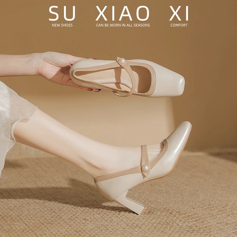 小香风玛丽珍鞋2025春秋新款配裙子小方头粗跟法式珍珠温柔高跟鞋
