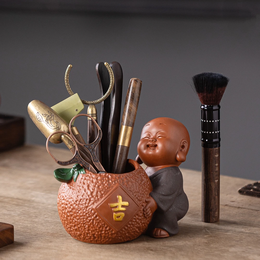 创意茶道六君子套装家用功夫茶具配件泡茶工具禅意小和尚陶瓷茶筒