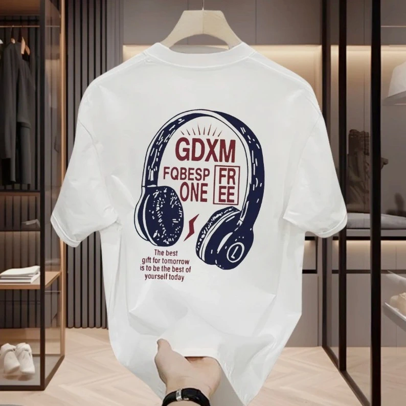 ins潮牌耳机印花重磅纯棉短袖T恤男美式复古夏季修身圆领短袖t恤