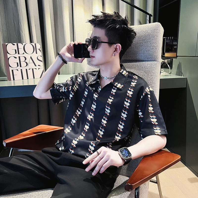 追属设计感条纹衬衫男夏季潮牌轻奢冰丝衬衣新款男士休闲薄款寸衫