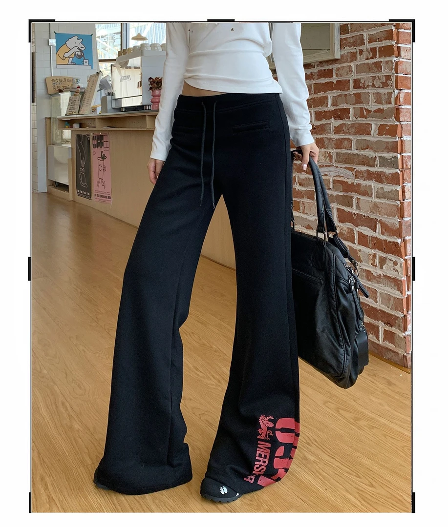 设计感字母印花微喇休闲卫裤女秋冬爵士舞垂感运动裤阔腿拖地长裤