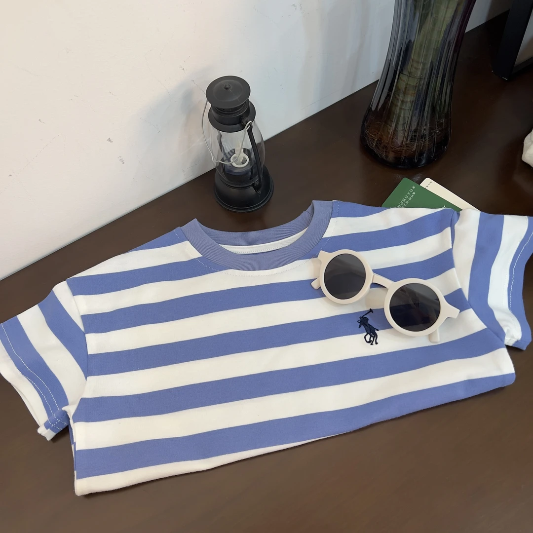 【WD053】儿童夏季条纹休闲圆领短袖韩版宽松百搭萌娃穿搭