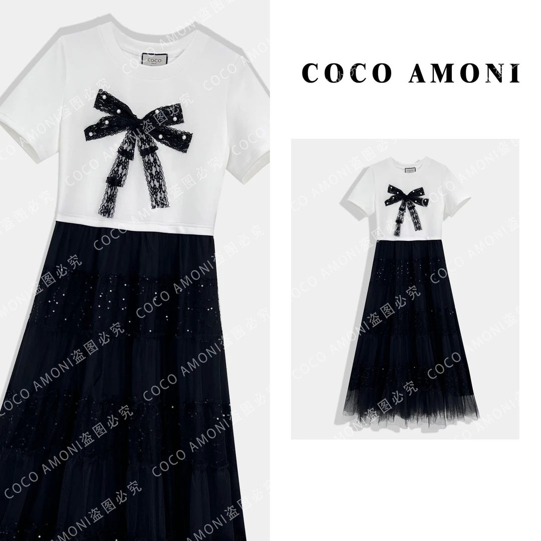 高级设计带蝴蝶结夏日假两件女装拼接褶皱收腰显瘦连衣裙ZC191