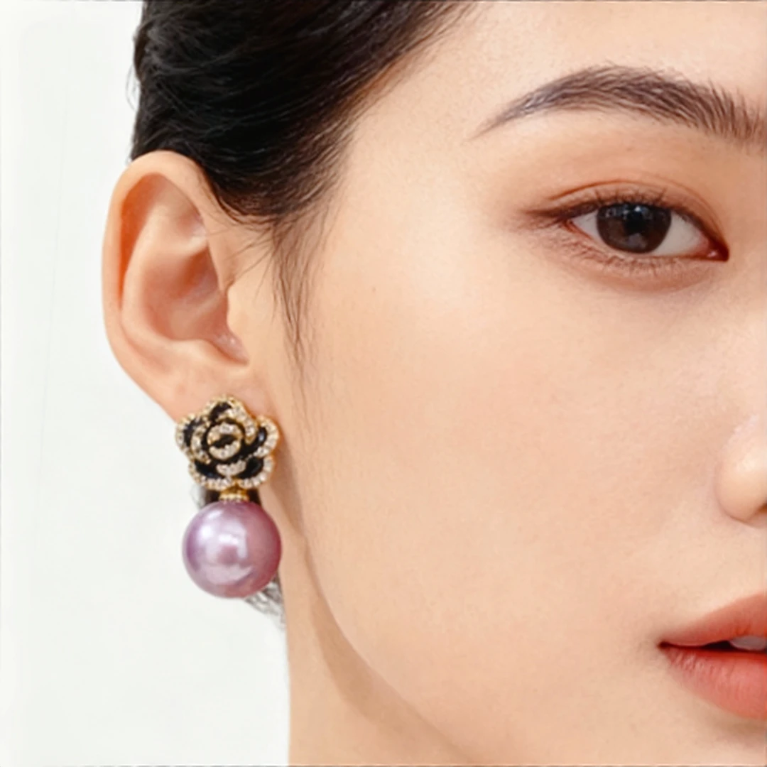 合金耳饰 日韩紫色植物花卉法式女黑色耳钉设计师精致百搭素款