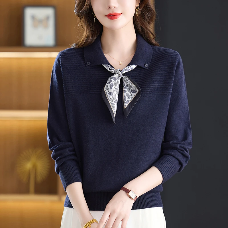 秋装大码围巾领上衣女宽松遮肚子显瘦洋气薄款春秋针织毛衣打底衫