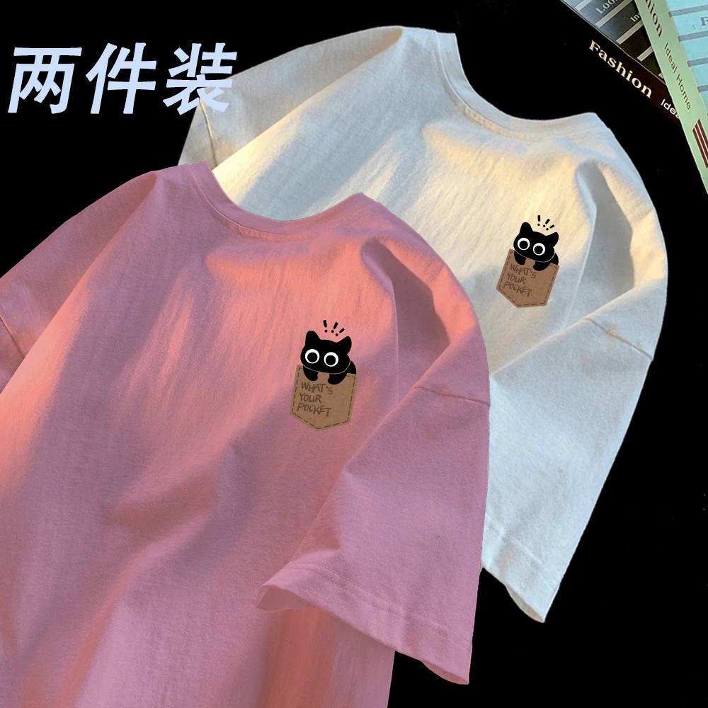 重磅纯棉短袖-口袋小猫青年男生男女潮牌夏季宽松百搭圆领上衣t恤