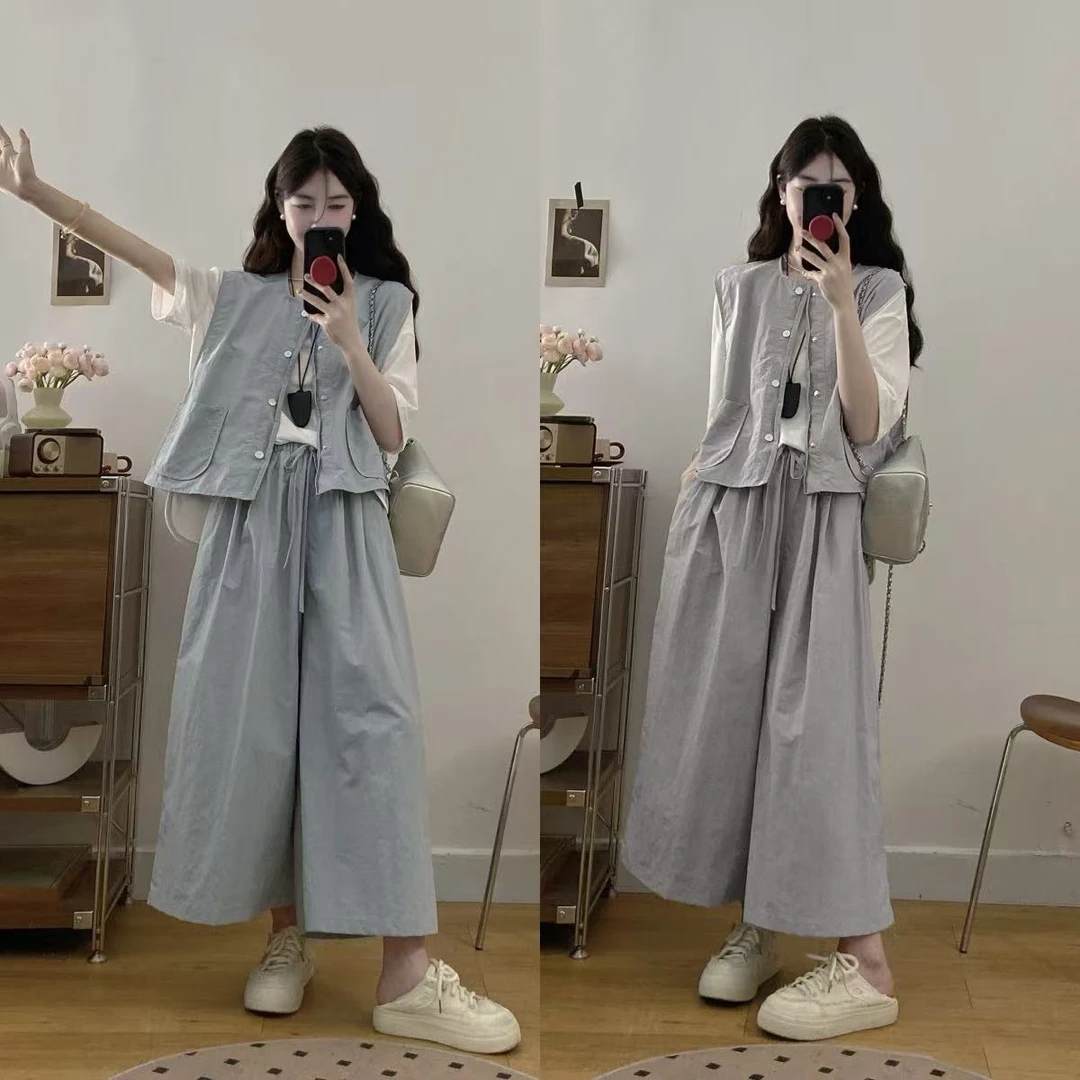 大码韩版时尚显瘦无袖叠穿马甲休闲通勤百搭裤裙T恤洋气减龄穿搭