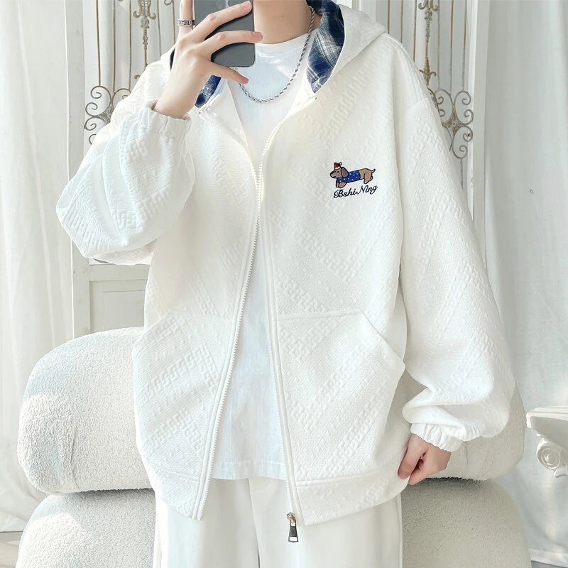 霄桂姿连帽卫衣男春季青年设计感刺绣宽松开衫外套学生潮流上衣男