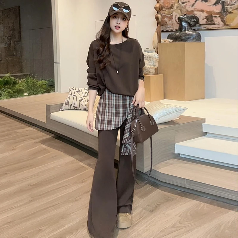 春秋新款时尚套装露肩休闲长袖上衣+显瘦洋气气质衣服两件套女款