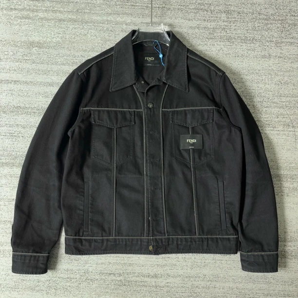 99新 FENDI/芬迪 皮标logo黑色牛仔外套/52码#9289